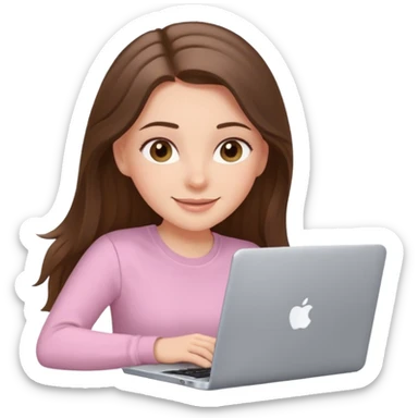 happy white long brunette hair girl with hazel eyes and in light pink using laptop sticker