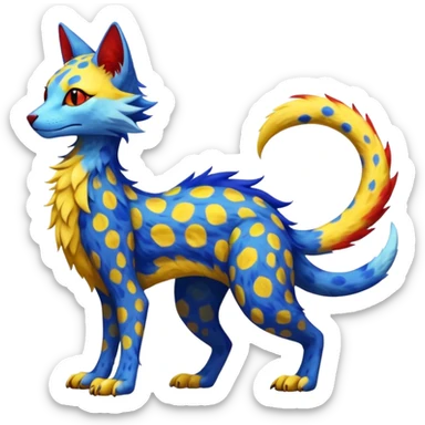 red blue and yellow spotted silly fantasy feline-vernid-sergal-fursona animal creature with a tufted tail full body with intricate markings  sticker