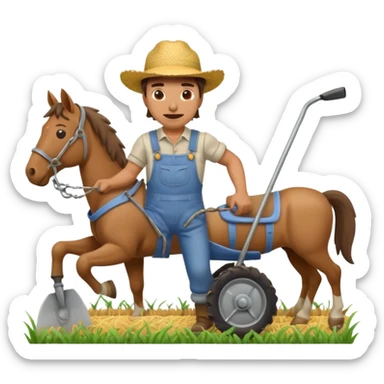 man plowing a field with a plow and a horse, emoji style sticker