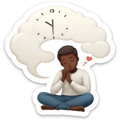 A person sits with their hands gently resting on their lap, eyes closed, exhaling slowly. Above them, a swirling thought bubble holds the words guilt and discomfort, but they don’t push it away—they just sit with it. In the background, a clock ticks softly, symbolizing the pause before responding. = sticker