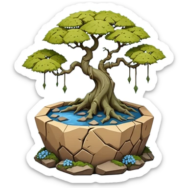 Bare Alien landscape mudman very old broken cracked intricate Stone Age rocky-crusted irregular dodecagon-shaped shallow dark moss rough bark blue weeping willow flowered maple tree bonsai pot sticker