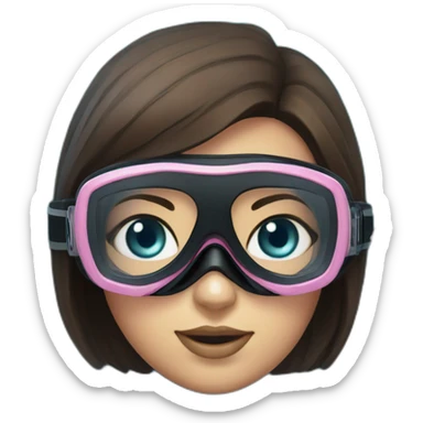 woman with blues eyes, large and straight brown hair, pink diving mask with a single crystal. underwater black suit sticker