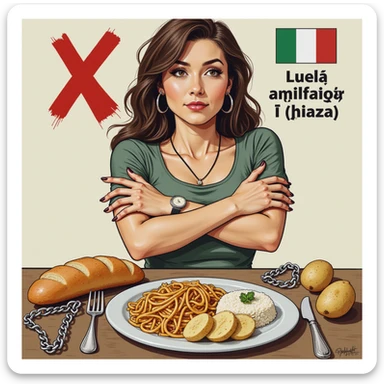 realistic style woman crossing arms and looking away from a plate with bread, pasta, rice, and potatoes, symbols of refusal including a red Italian X and chains, Italian text if present sticker