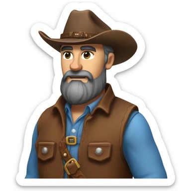a rugged cowboy with a thick beard, wearing a blue vest over a classic western shirt and a brown belt with a silver buckle. He should have a confident stance, exuding a strong and adventurous frontier spirit. sticker