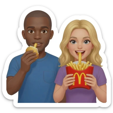 Black man with shaved head and blonde woman eating McDonald's together sticker