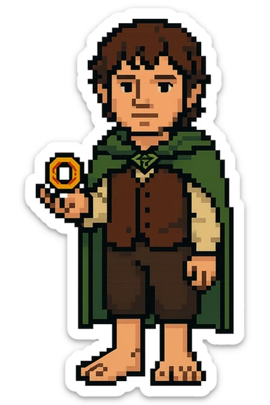 Whole body image of Frodo Baggins from the lord of the rings movie in pixel art style. Make Frodo look like the actor that portrayed him in the movie, Elijah Wood. Frodo is wearing the same green elven cloak with the leaf buckle, brown vest, cream undershirt, dark brown leather short pants, and hairy hobbit feet. He is holding the one ring in the palm of his outstretched hand. the ring is golden yellow with red elven inscription. sticker