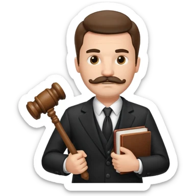 Create a male lawyer. he is wearing a fromal suit jckeret. He is holding a gavel in one hand and a book tucked under his another arm. He has a mustache and BEARD both! sticker