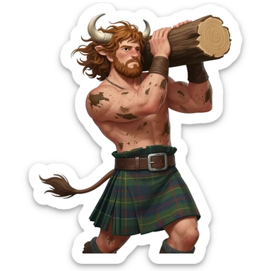 buff curly hairy man covered in dirt with freckles with messy light brown bangs that covers his face completely with bull horns and bull ears and bull tail dressed in kilt lifting large log with wind in his hair with belt around his chest sticker