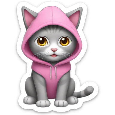 A gray plush cat. This cat is wearing a sleeveless sweater with a pink hood. He's sitting on his buttocks sticker