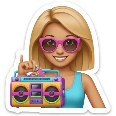 woman holding colorful boombox sticker
