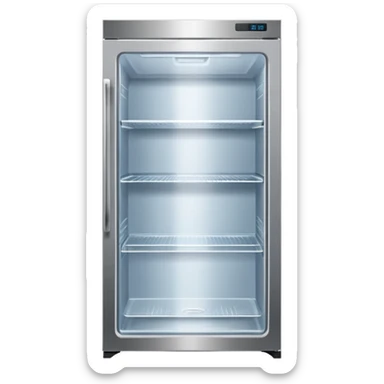 A refrigerator with a transparent front glass divided into three compartments, empty and unoccupied. The refrigerator faces forward. sticker