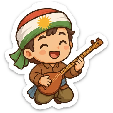 cartoon Kurdish person playing daf or tanbur, colorful and cheerful, no text, suitable for WhatsApp and Instagram sticker, transparent background sticker