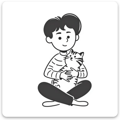 A boy sitting cross-legged with a tabby cat in his lap sticker