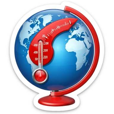 Blue Earth sphere, tilted. Prominent, oversized, fiery red thermometer/gauge, embedded. Indicator peaking 'danger' zone sticker