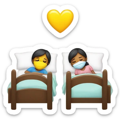 Two children, sick, each in their own bed, wearing masks, one Boy, one girl,, at home, get well soon sign with yellow heart sticker