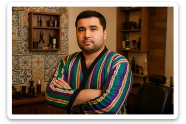 uzbek sartaroshi qo'lini qovushtirib turibdi yon taraf sal pastroq rakusdan sticker