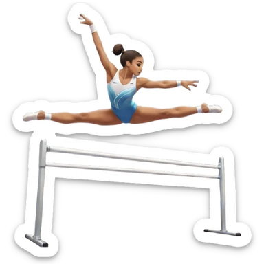 Professional gymnast performing a dynamic routine on parallel bars, captured mid-air in an elegant flip. The background features a well-lit gymnastics arena with a cheering audience. The athlete's posture and expression convey strength, control, and perfect coordination. sticker