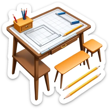 Icon for Furniture Design: a furniture drawing with 3D models of furniture pieces placed on top, accompanied by rulers and a pencil. The icon should represent the design process with focus on precision and modeling. Transparent background. sticker