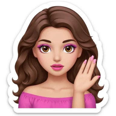 girl with long wavy brown hair, brown eyes, long lashes makeup, sexy pink lips, light to medium complexion, pink sexy top,slapping sticker