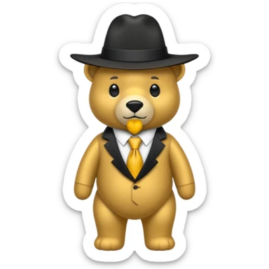 Oso dorado con un sombrero negro y fn su cuello un moño negro sticker