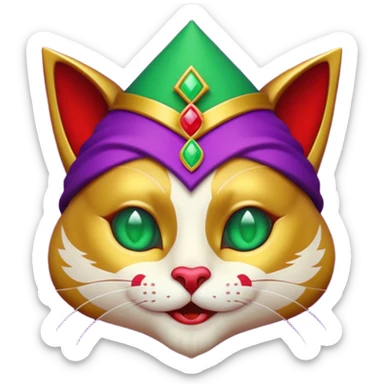 crazy colorful cute little cat jolly joker from poker, medieval, vintage, court jester, mac os icon, purple, gold and red color, half body, emerald green ice eyes. Squared shape as 3D mac os icon, symmetrical sticker