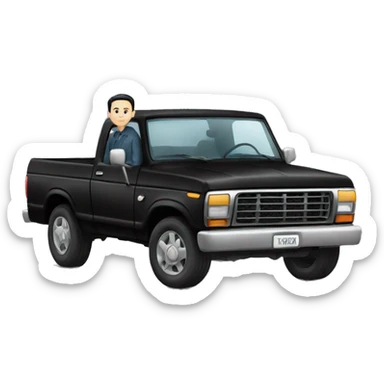 A man with pale skin and black hair, sitting on top of a black Ford car sticker