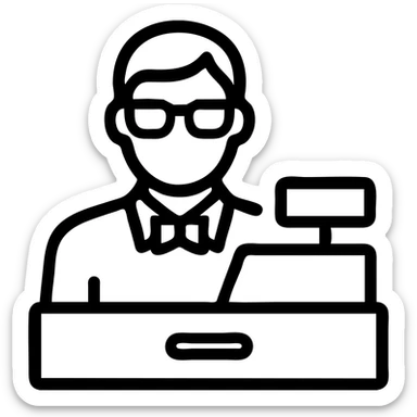 Add eyeglasses to the cashier man in the icon outline style. Keep the design simple and clear with transparent background. sticker