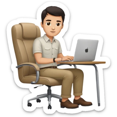 Rich man sitting on a chair, working at desk with laptop in office, in shirt, dark hair, he is german very beautiful looks like, full body view sticker