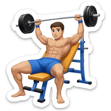 brunette buff man with blue shorts lying down benchpress sticker
