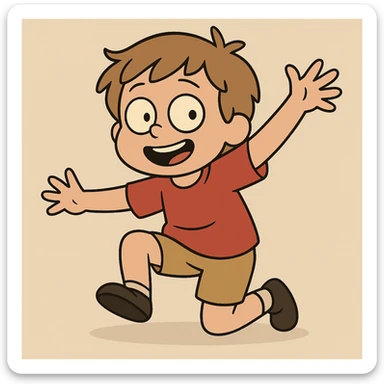 child, brownish blonde hair, red shirt, playful pose, minimal background, cartoon style sticker