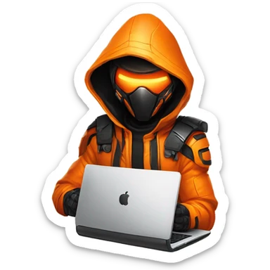  developer behind his laptop with this style : crysis Cyberpunk Valorant orange glowing bright orange character orange black hooded assassin themed character sticker