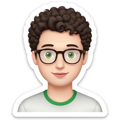 Young man with dark brown curlier poofy hair (same style but more curls), green eyes wearing glasses, wide face with eyes set apart, bigger ears, very pale skin, slightly bigger nose, fuller darker pink lips with a smile, and very light stubble sticker