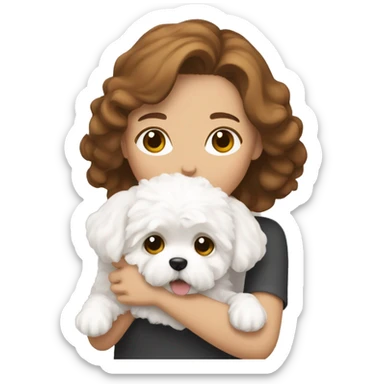 a brown-haired woman hugging white maltipoo sticker