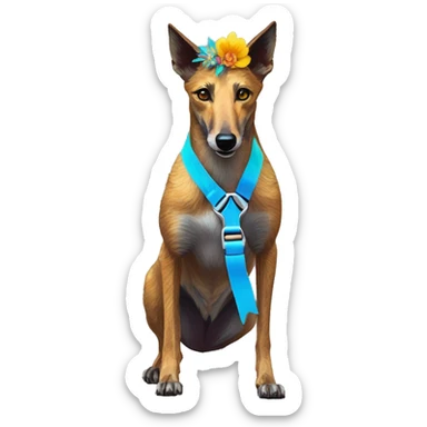  brindle brown black maroon gold lurcher Alsatian fox running blue eyes and iridescent holographic oilslick harness wearing paper iridescent tropical flower crown yellow caution tape sticker