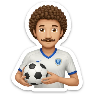 curly hair man soccer player with mustache holding soccer ball sticker