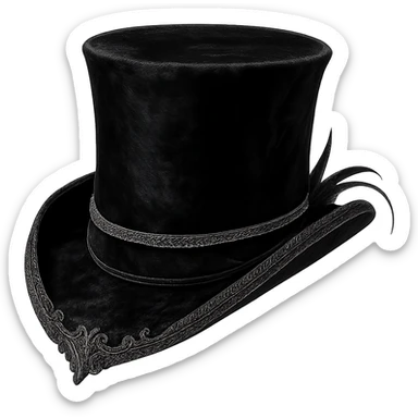top hat in aristocrat goth style, black velvet, silver trim, dramatic flair sticker