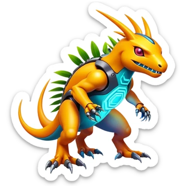 Tropical futuristic lush warm-colored modern colorful neon-colored cyber-Fakémon-Digimon-creature sticker