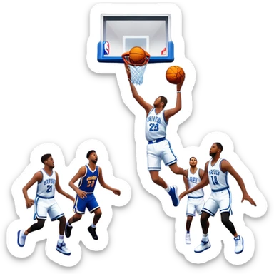 An icon showing a basketball court with players in action, inspired by NBA 2K25. A player jumps for a dunk, the ball mid-air, with the court’s floor and surrounding basketball arena visible. Bright lights highlight the excitement of the game. Transparent background. sticker