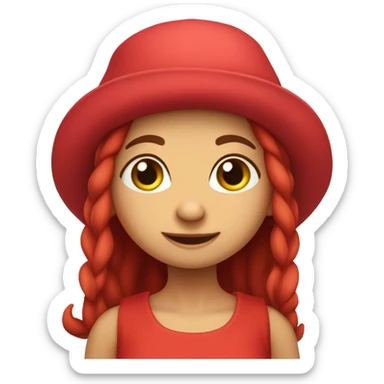 The girl character is a cute and funny troll, the logo is simple. The character has a hat on his head, big ears and pretty red eyes. Her hair is red, lush and round. She is wearing a Karelian sundress. sticker