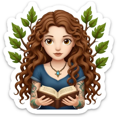 woman with long curly brown hair, brown eyes, white skin, tattoos, reading a spellbook that grows roots instead of pages sticker