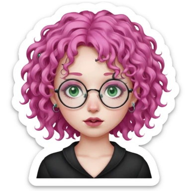 . Gothic girl with pink curly hair, round glasses, septum piercing, nostril piercing, almond eyes, blueish green eyes, sticker