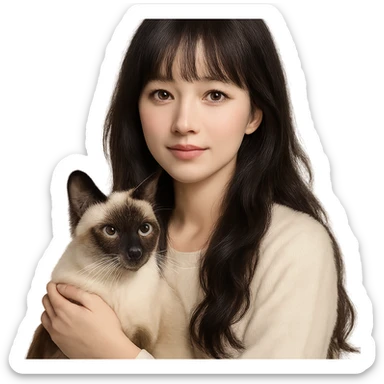 white-skinned East Asian woman holding a Siamese cat, black see-through bang bangs, long wavy hair down to chest, round brown eyes, light pink blush on cheeks, pink lips, warm and soft expression sticker