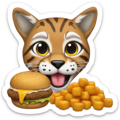 Bobcat eating a cheeseburger with a side of tater tots sticker