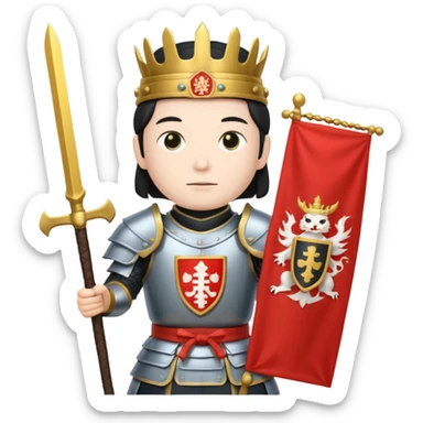 Japanese Castle Lord, Lord standing before a Japanese castle backdrop, holding a banner with family crest. sticker