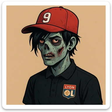 zombie boy with black emo hair and piercing, wearing a black polo shirt with a Lyon logo, red cap with a '9' on it, modern illustrated style sticker