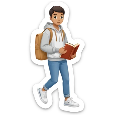 A flat-style illustration of a college student casually with a tote bag over the shoulder and a book in one hand. The student wears a hoodie, jeans, and sneakers. Clean cartoon style, white background, iOS emoji aesthetic. sticker