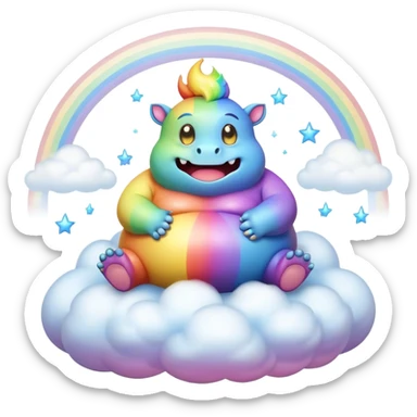 3D, Kawaii derpy fat rainbow monster sitting on a magic rainbow hued cloud, rich textures, visually detailed, so lifelike that it feels like it could leap off the page at any moment sticker
