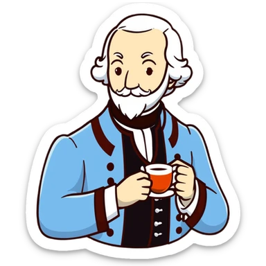 Adam Smith with a scholarly appearance, beard, 18th century attire, enjoying a cup of tea sticker