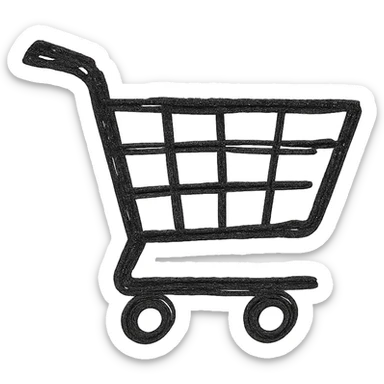 black shopping cart icon facing right, hand-drawn style, no fill, only black outline sticker