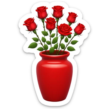 Scarlet red ceramic pot, tall and cylindrical, with red roses. sticker